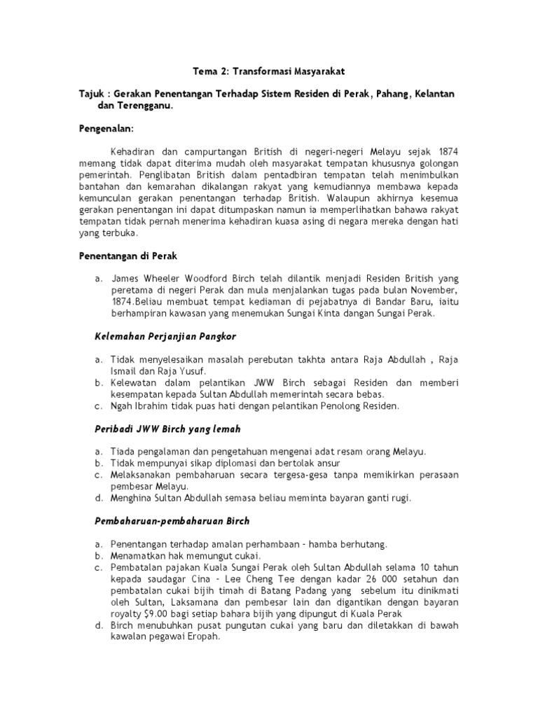 Tema 2 Gerakan Penentangan Di Perak Pahang Kelantan Terengganu Pdf