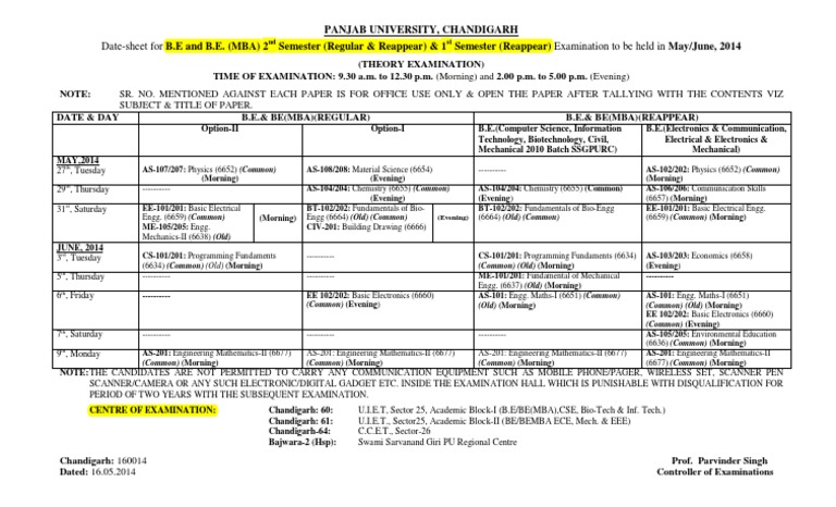 PU B.E. Exam Schedule May/June 2014 | PDF