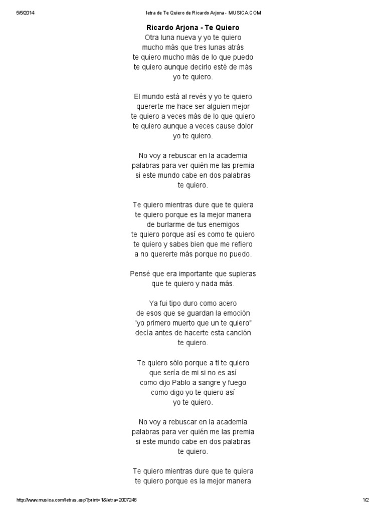 Letra de Te Quiero de Ricardo Arjona MUSICA Música grabada