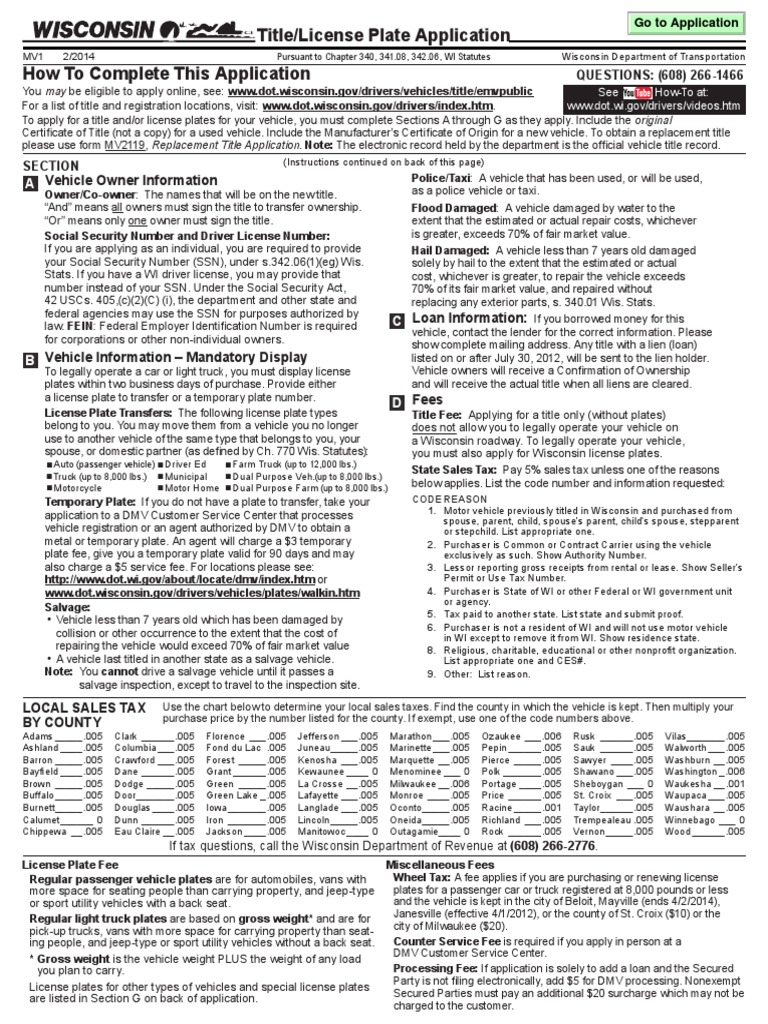 Wisconsin DMV Registration Form PDF Vehicle Registration Plate Department Of Motor Vehicles