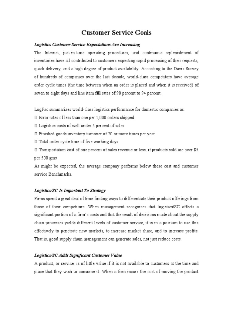 Customer Service Goals Inventory Logistics