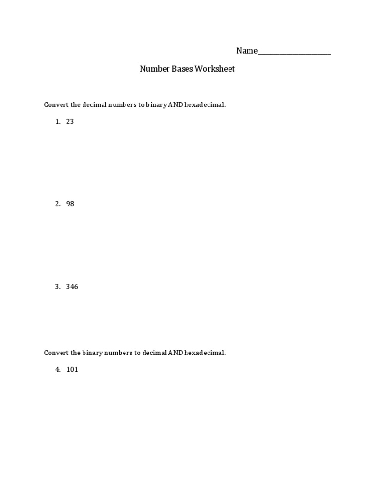 Number Bases Worksheet | PDF