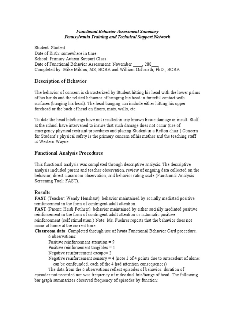 Functional Behavior Assessment Summary Example | Reinforcement ...