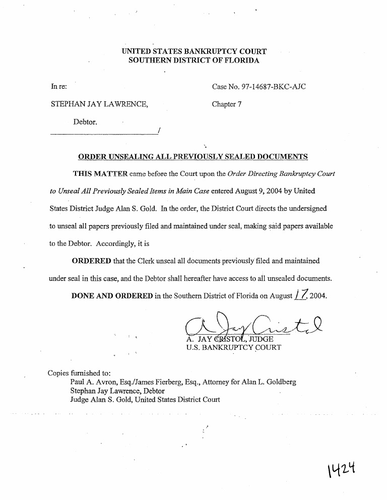 august 17 2004 order unsealing sealed bankruptcy record on order of