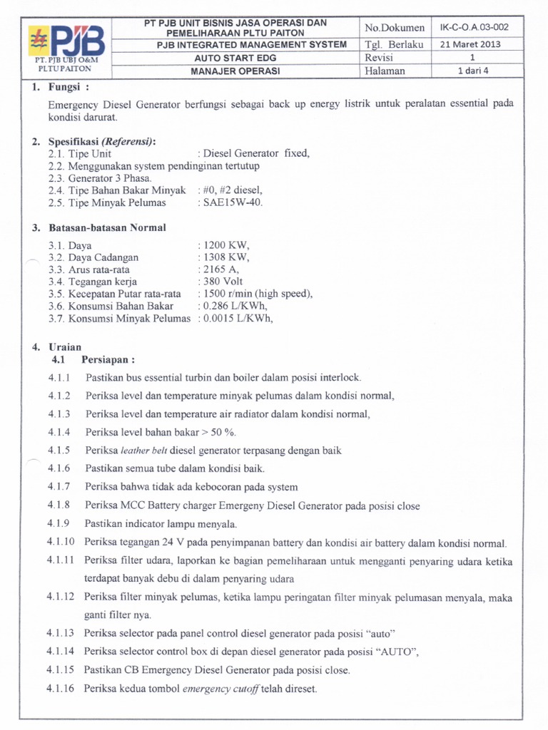 Sop Start Auto Emergency Diesel Generator Pltu Paiton 9 | PDF ...