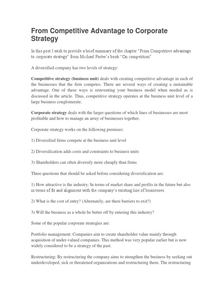 From Competitive Advantage To Corporate Strategy | PDF | Business
