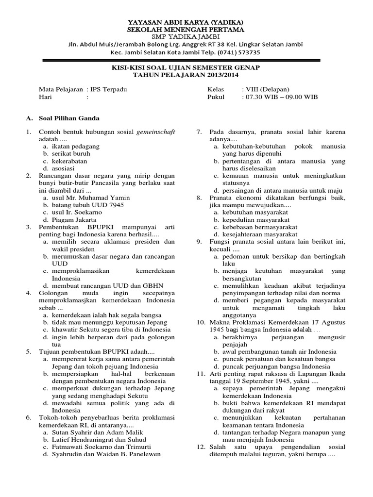 Soal Ujian Ips Kelas 8 Semester 2 Helmi Kediris