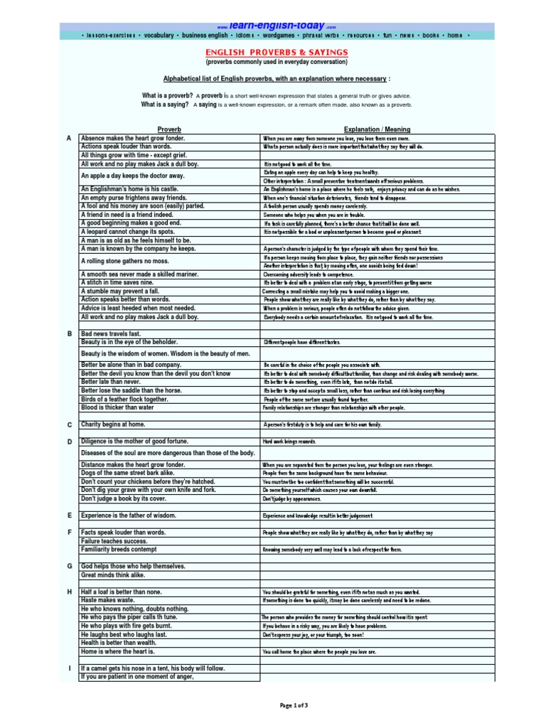 100 Common English Proverbs Explained | PDF | Proverb | Wisdom