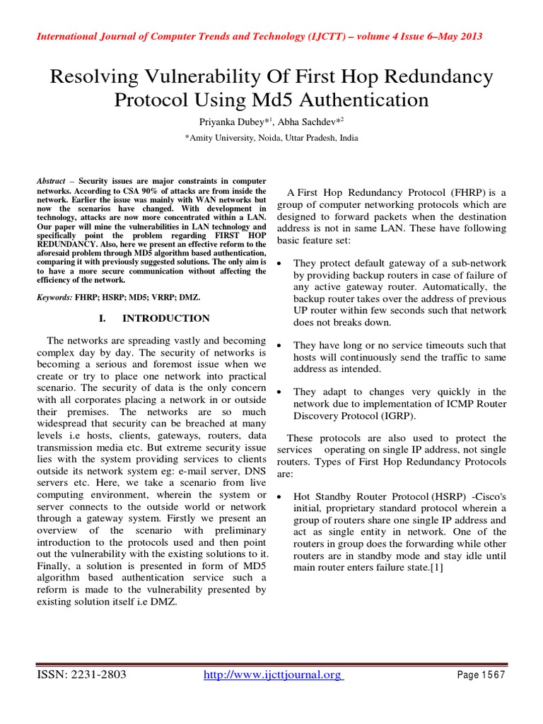Resolving Vulnerability of First Hop Redundancy Protocol Using Md5 ...