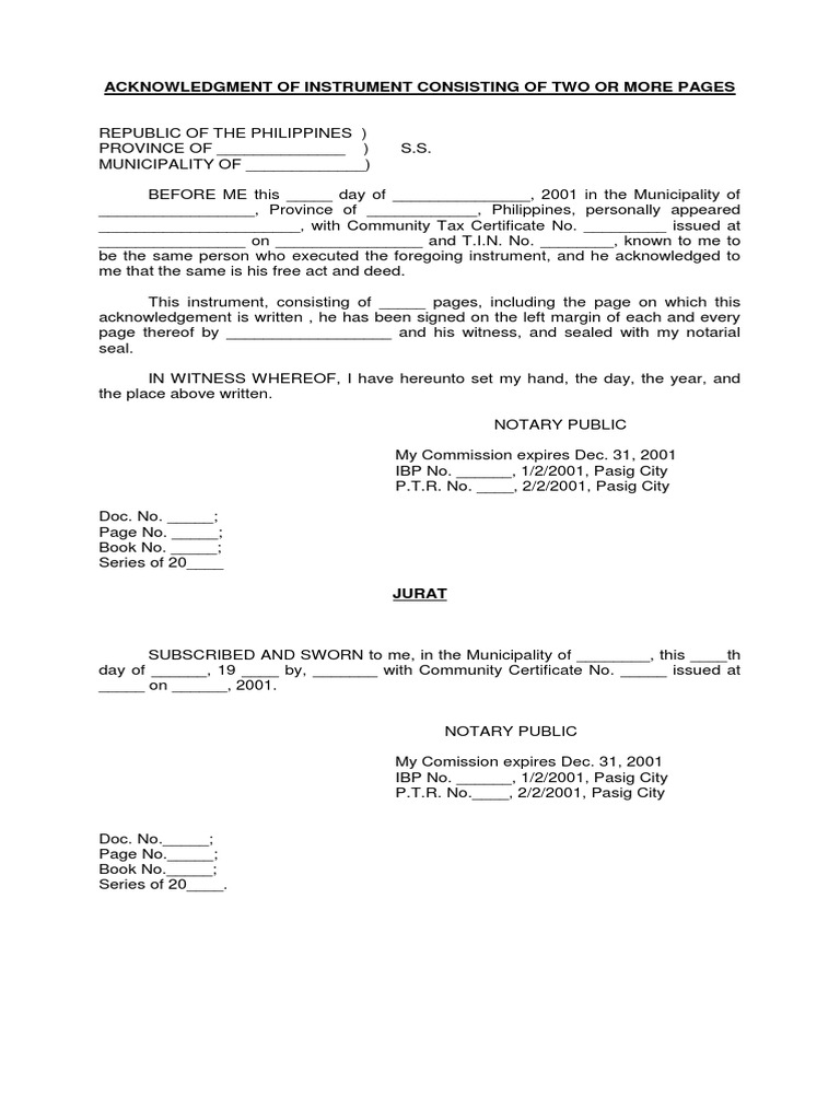 Acknowledgment Of Instrument Consisting Of Two Or More Pages Notary Public Common Law