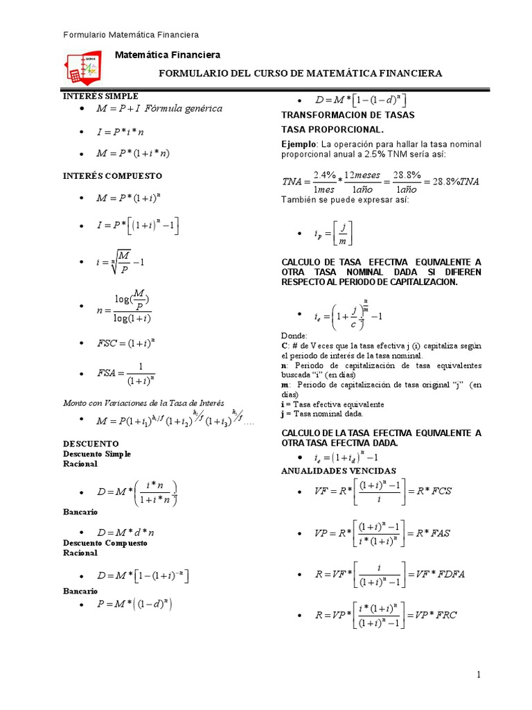 Formulario Matemáticas Financiera | PDF