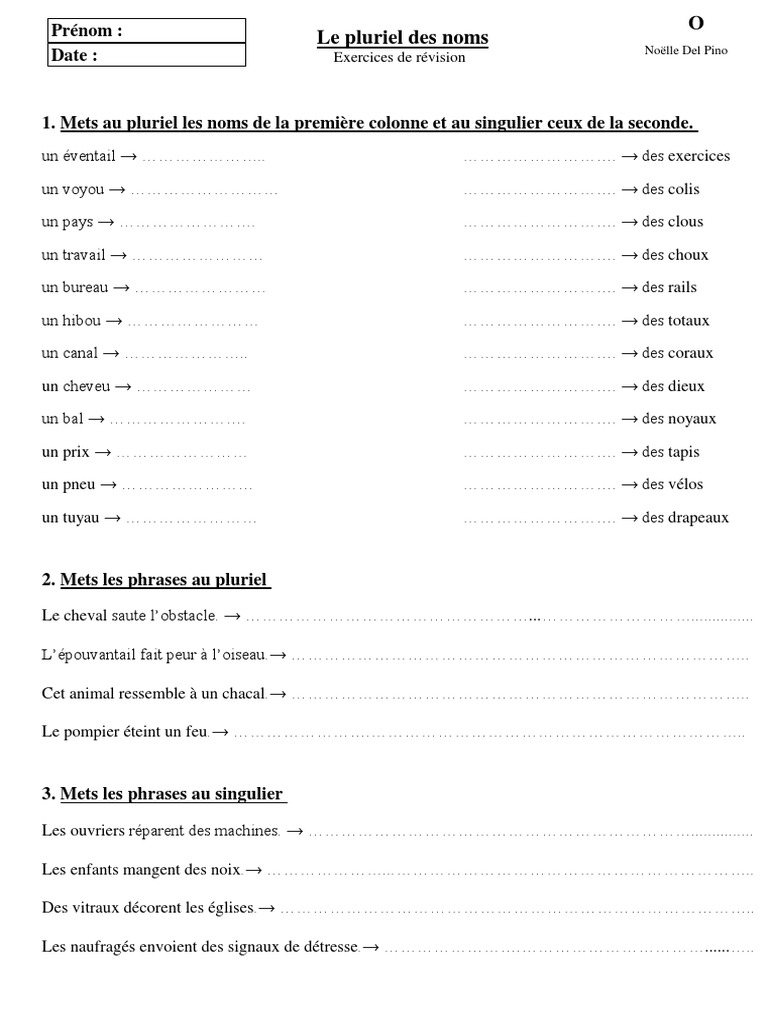 Le Pluriel Des Noms Cm1 Exercices à Imprimer Le Pluriel Des Noms Revisions | PDF