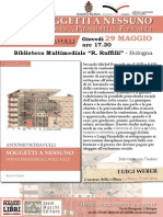 Locandina della presentazione di SOGGETTI A NESSUNO di Antonio Schiavulli, 29 maggio BIblioteca Ruffilli di Bologna