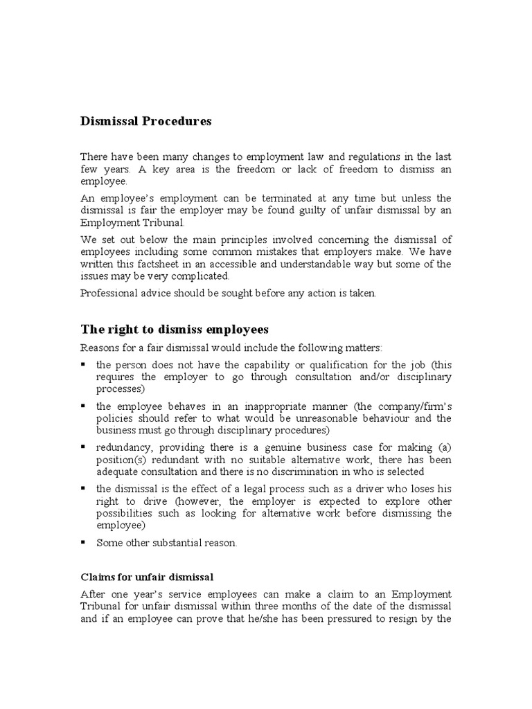 Dismissal Procedures Claims For Unfair Dismissal Pdf Employment