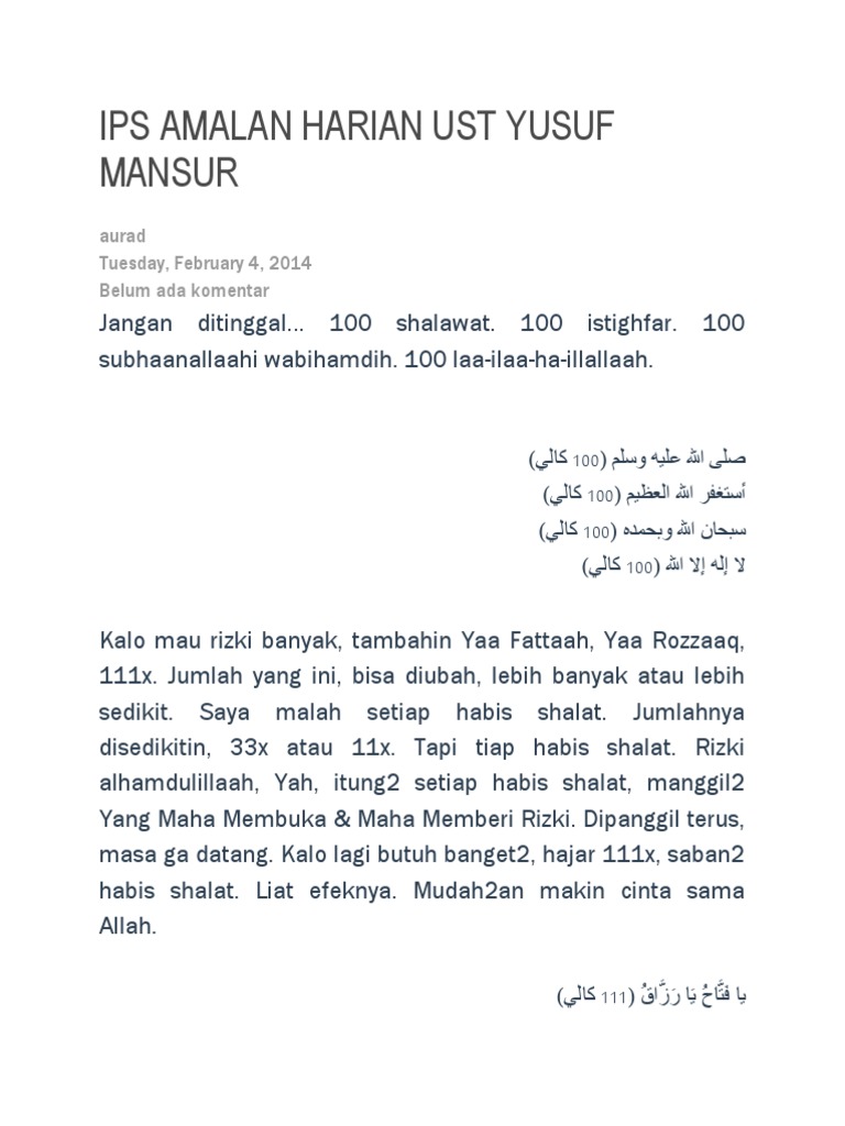 Ips Amalan Harian Ust Yusuf Mansur