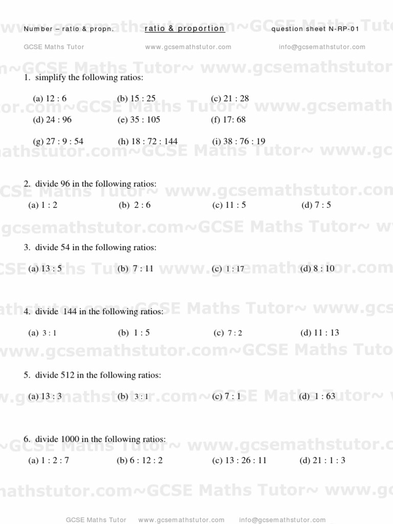 Ratio & Proportion worksheet #01, Number revision from GCSE Maths Tutor