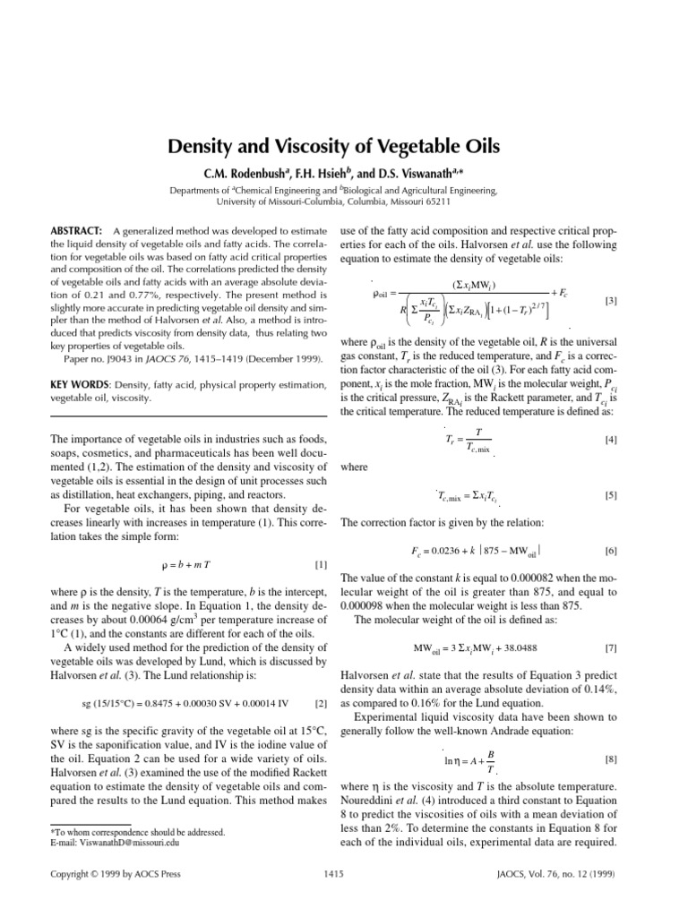 Density and Viscosity of Vegetable Oils Viscosity Vegetable Oil