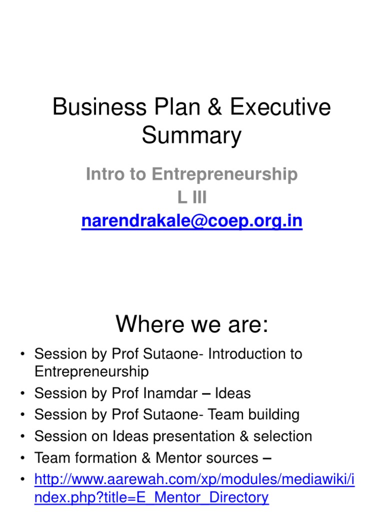 Business Plan & Executive: Intro To Entrepreneurship L Iii | PDF ...