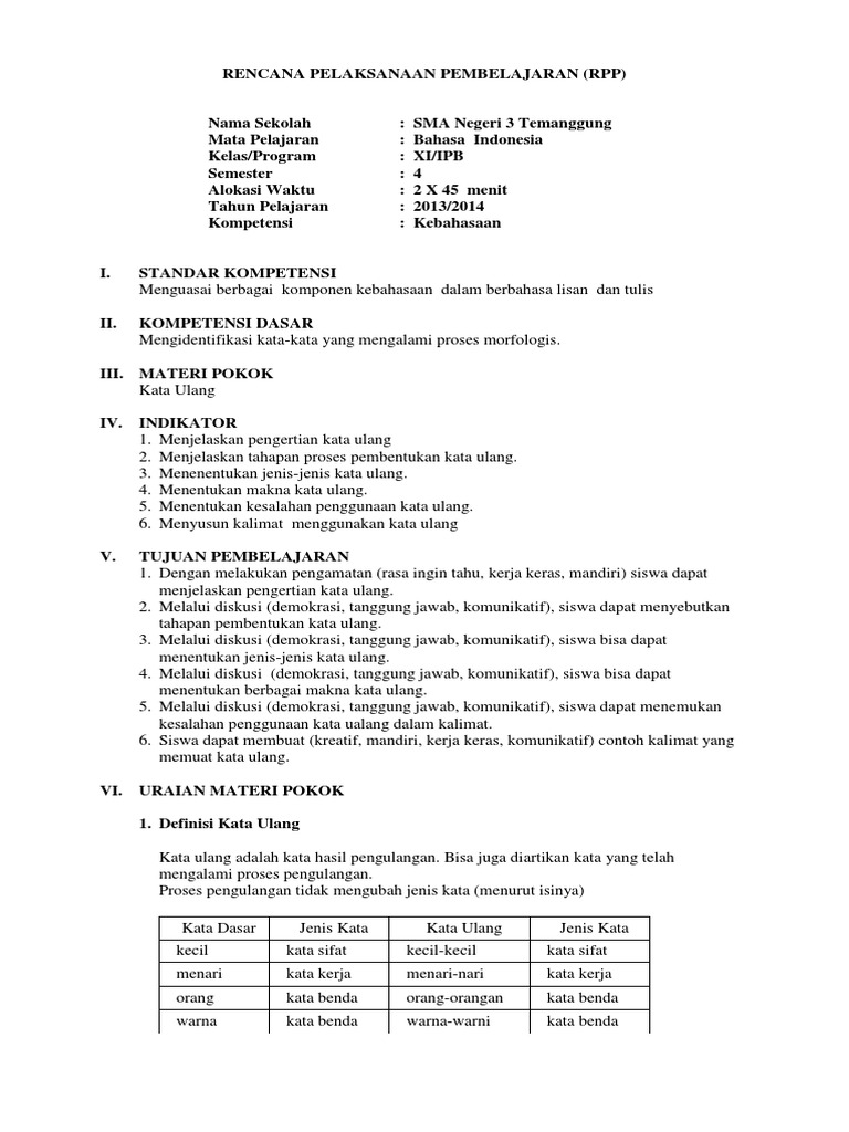 RPP Bahasa Indonesia Kelas XI IPB Kata Ulang