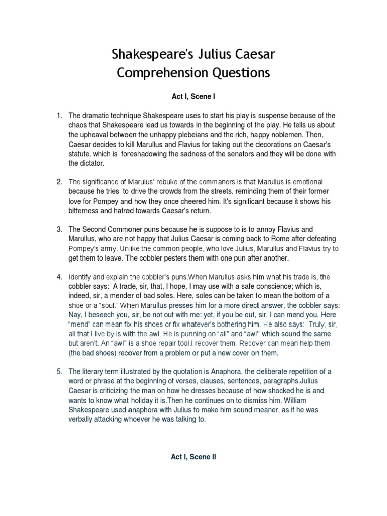 Shakespeare's Julius Caesar Comprehension Questions | Julius Caesar