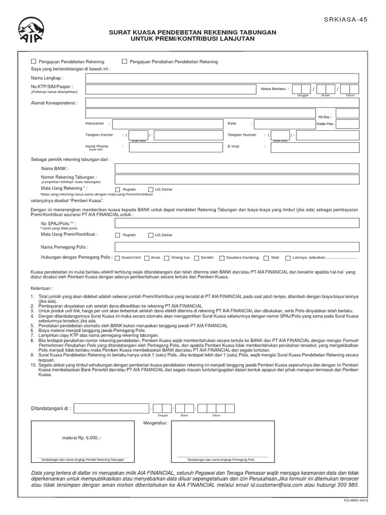 AIA Form Surat Kuasa Pendebetan Rekening 0422 Id