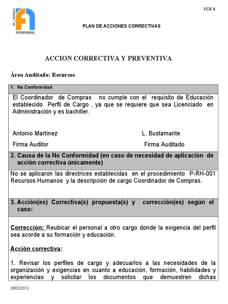 Ejemplo Plan De Acciones Correctivas Pdf