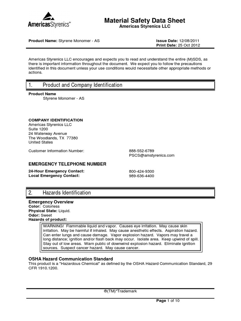MSDS of Styrene Firefighting Toxicity
