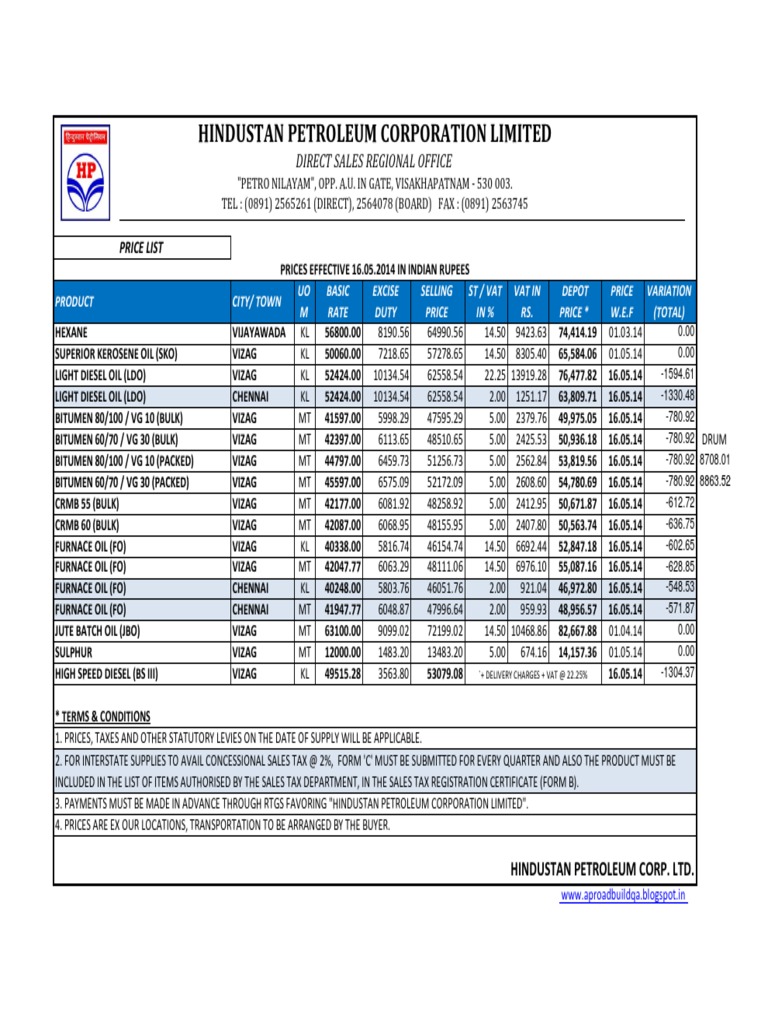 Bitumen Price List Wef 16052014 PDF Value Added Tax Sales Tax