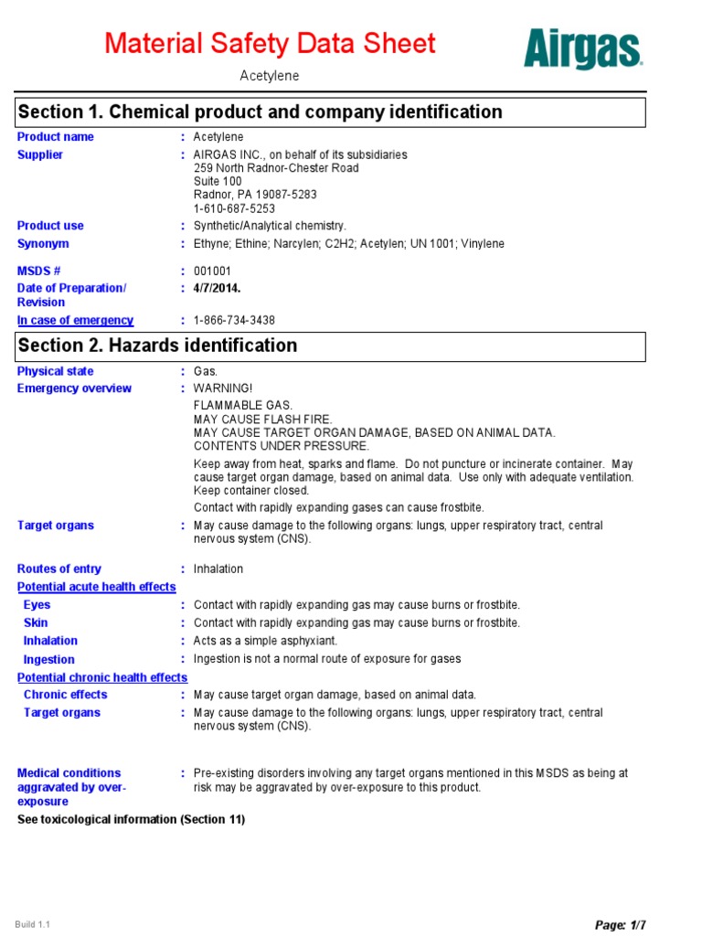 Material Safety Data Sheet for Acetylene Gas Properties, Hazards