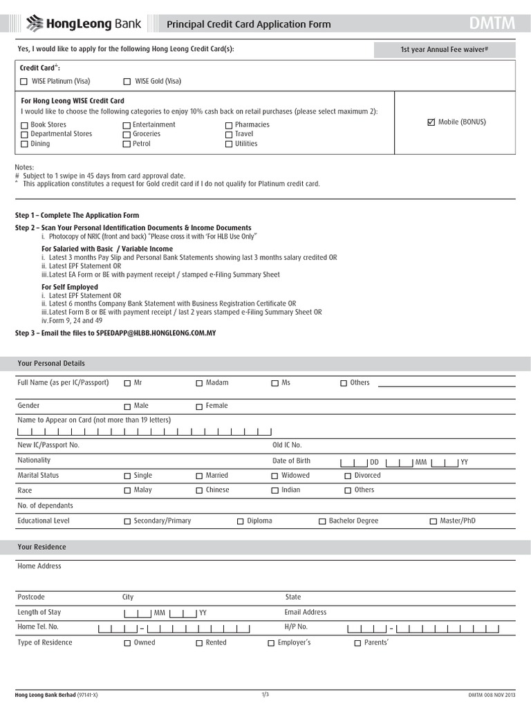 Hong Leong Bank Wise Credit Card Application Malaysia 2014 Pdf Visa Inc Credit Card