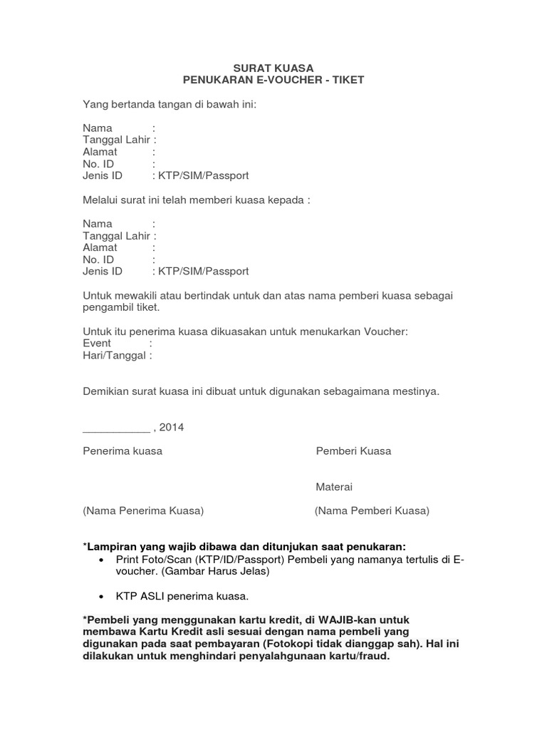 Surat Kuasa Pengambilan Tiket Konser Dengan