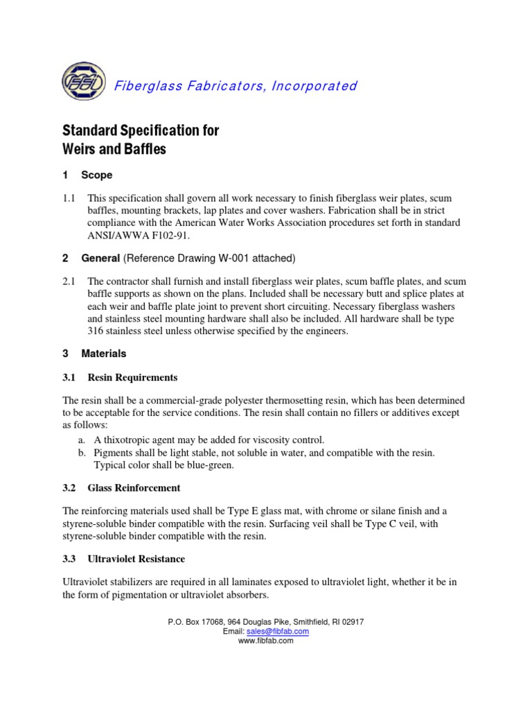 Standard Specification For Weirs and Baffles Fiberglass Fabricators, Incorporated Download