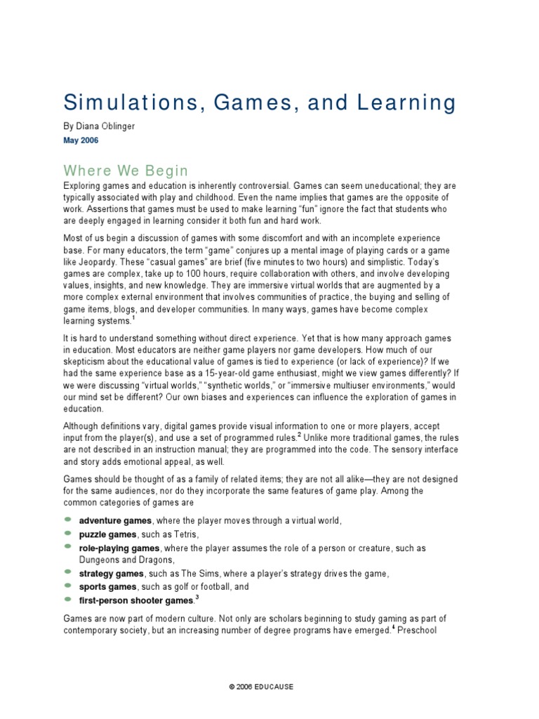 Simulations, Games, and Learning: Where We Begin | PDF | Virtual ...