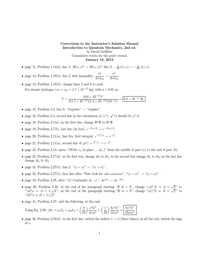 Solutions Corrections for David Griffith's Into to Quantum Mechanics |  Trigonometric Functions | Particle Physics