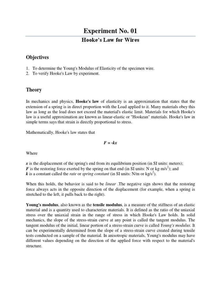 Hooks Law Pdf Young S Modulus Elasticity Physics