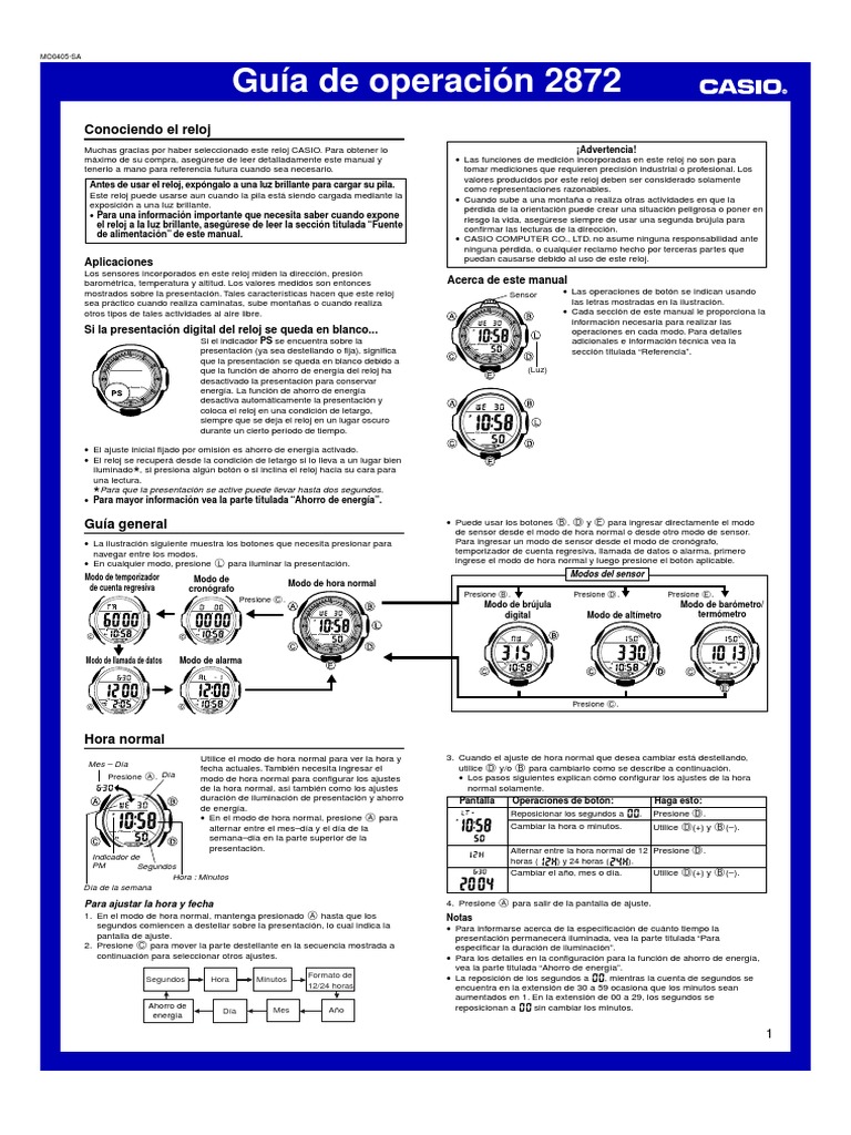 Manual del Casio Pro Trek 2872 en Español | PDF | Altímetro | Reloj