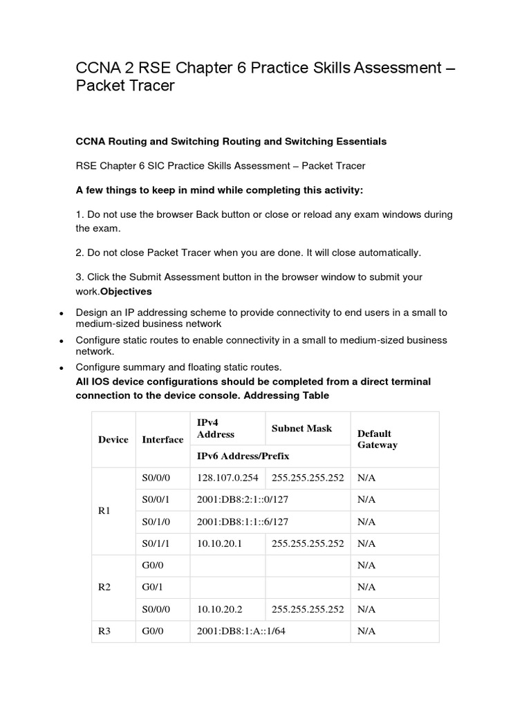 CCNA 2 RSE Chapter 6 Practice Skills Assessment - Packet Tracer | PDF ...