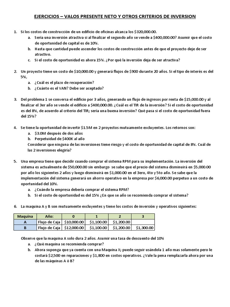 Ejercicios de Valor Presente Neto y TIR | PDF | Valor presente neto ...