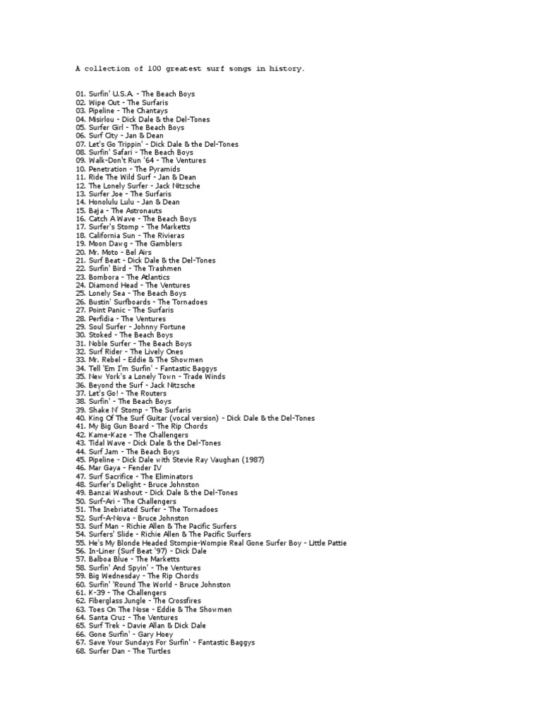SURF MUSIC - A Collection of 100 Greatest Surf Songs in History | PDF |  Contemporary Music | Musical Subgenres