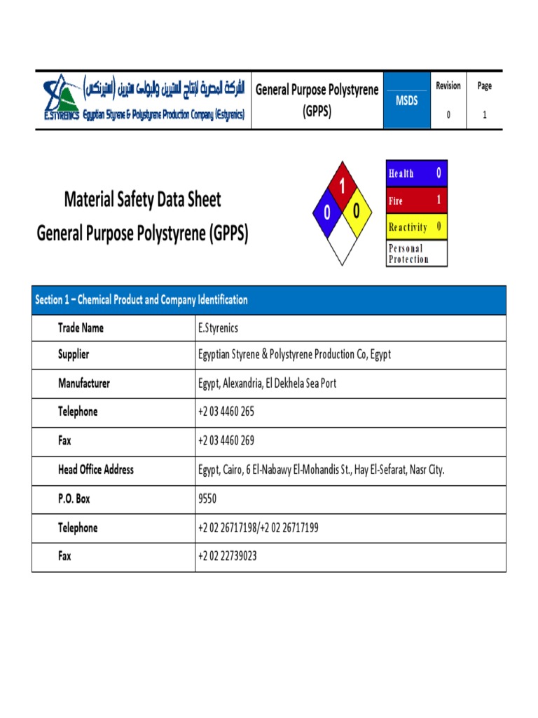 EStyrenics Polystyrene GPPS MSDS Dangerous Goods Polystyrene