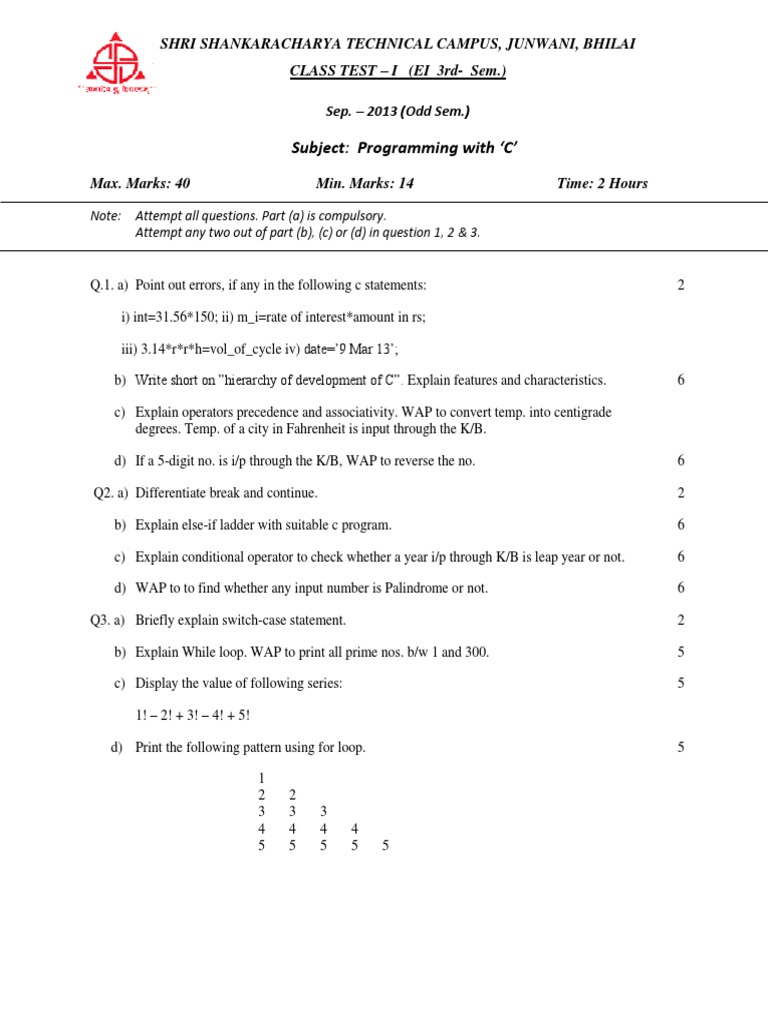 C Programming Class Test Questions | PDF
