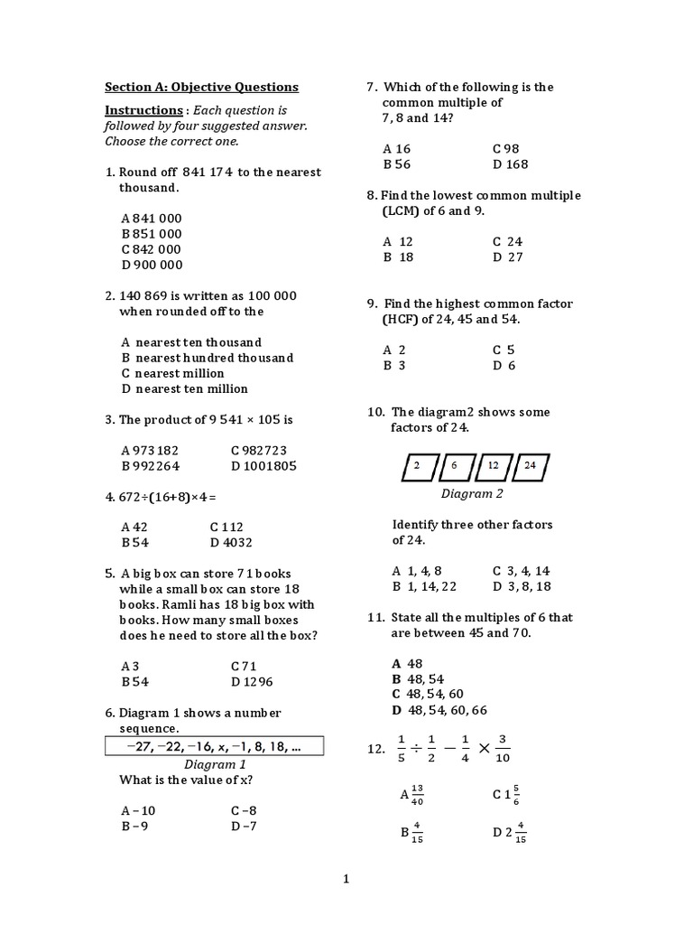 SOALAN MATEMATIK TINGKATAN 1 KERTAS 1  Fraction (Mathematics)  Numbers