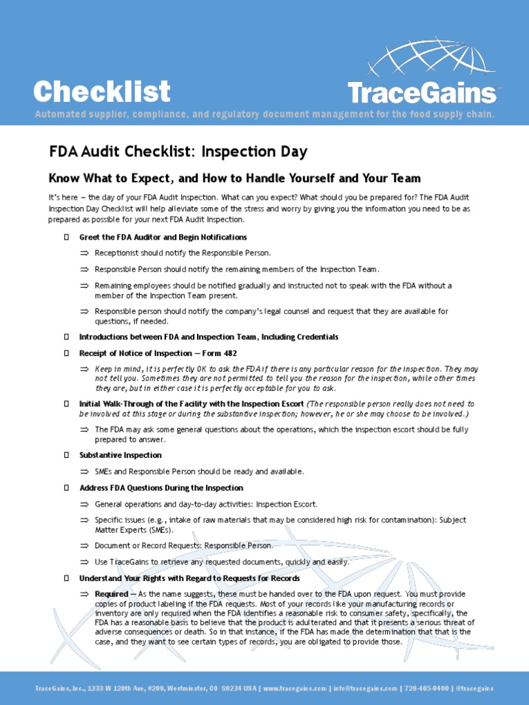 TraceGains Inspection Day FDA Audit Checklist PDF Food And Drug