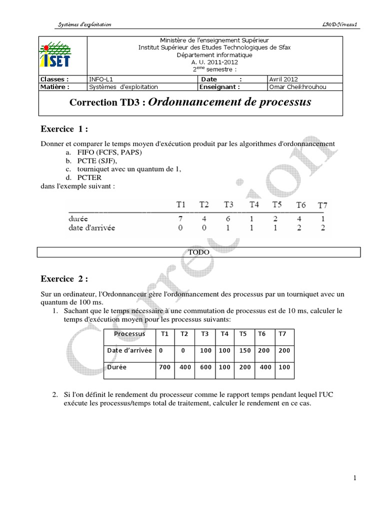 SE1 TD3 Ordonnancement de Processus 2012 Correction | PDF ...