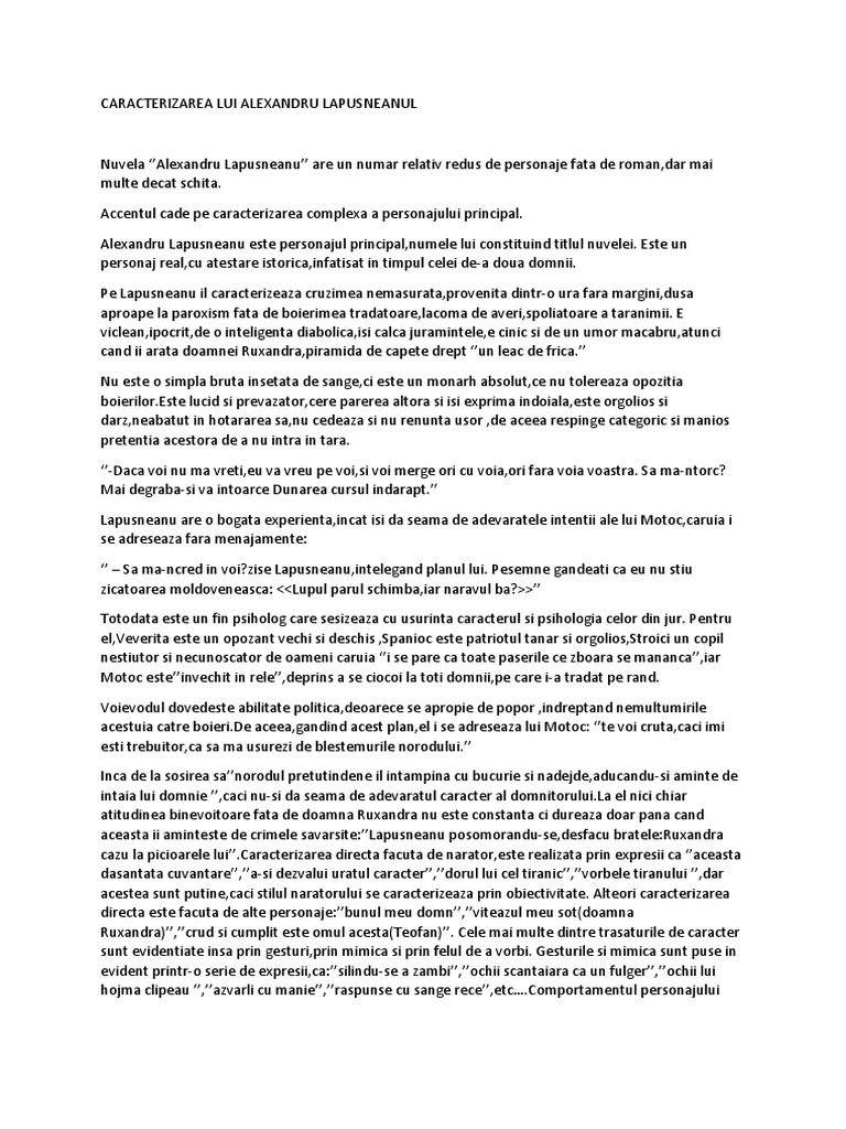 Caracterizarea Lui Alexandru Lapusneanul