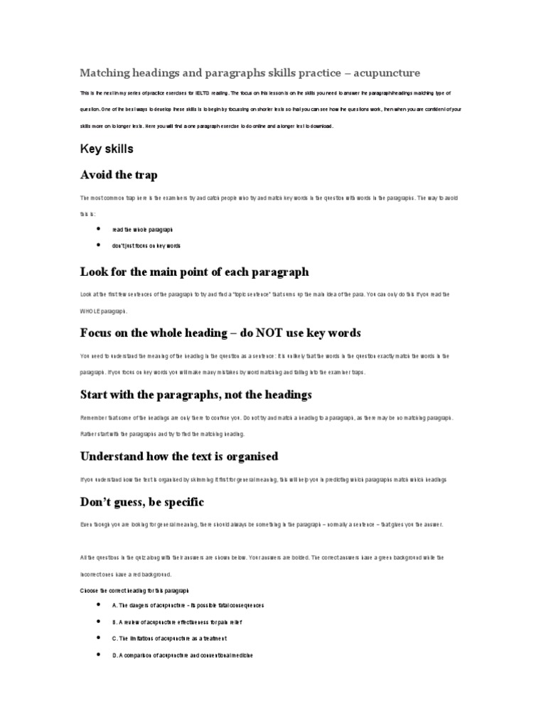 Matching Headings and Paragraphs Skills Practice | PDF | Acupuncture | Cats