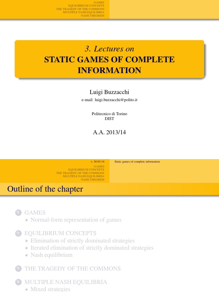 Static Games of Complete Information Game Theory Economic Equilibrium