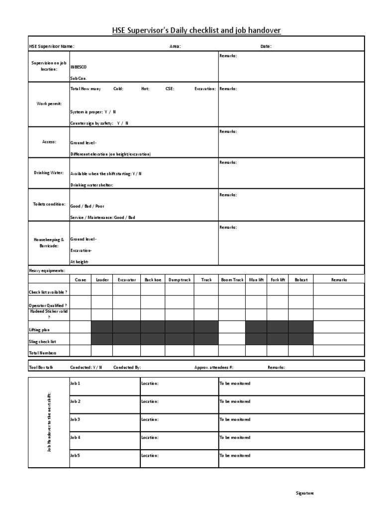 Daily Checklist and Job Handover