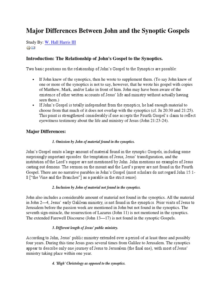 Major Differences Between John and the Synoptic Gospels Gospel Of