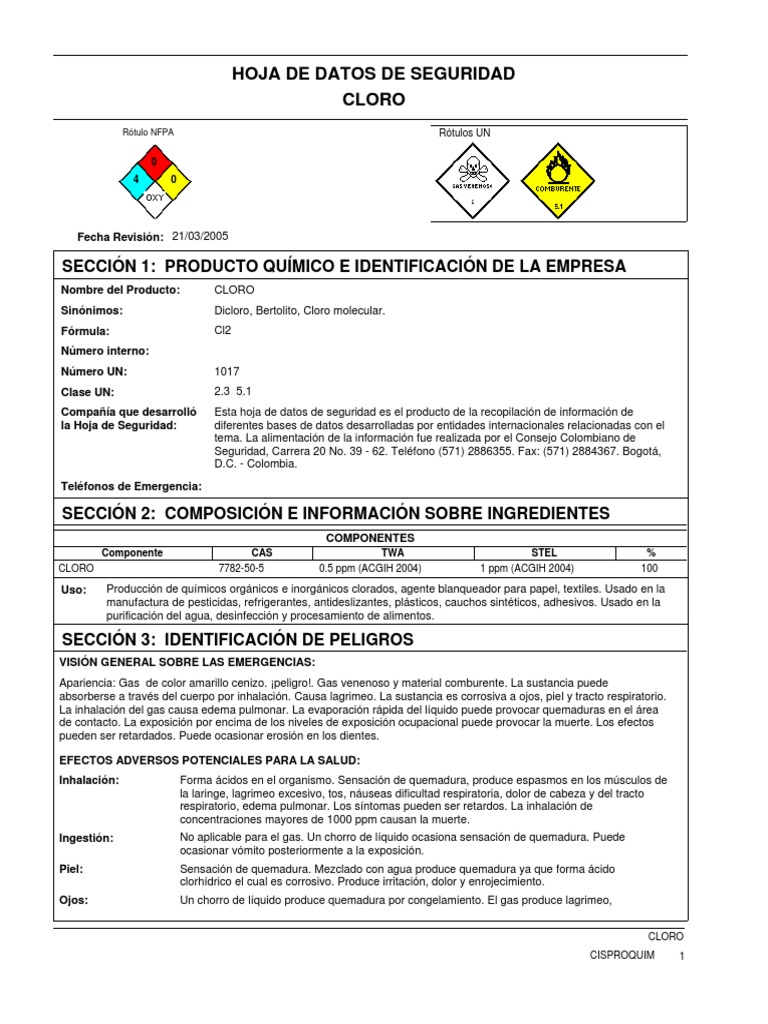 Hoja de Seguridad Del Cloro
